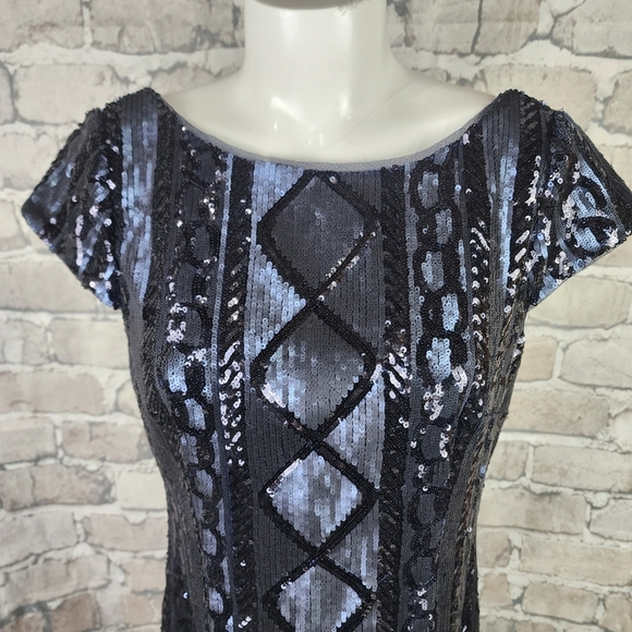 Adrianna Papell Sequin Cap Sleeve Sheath Dress Navy Size 10 Evening Sparkle - Picture 9 of 16